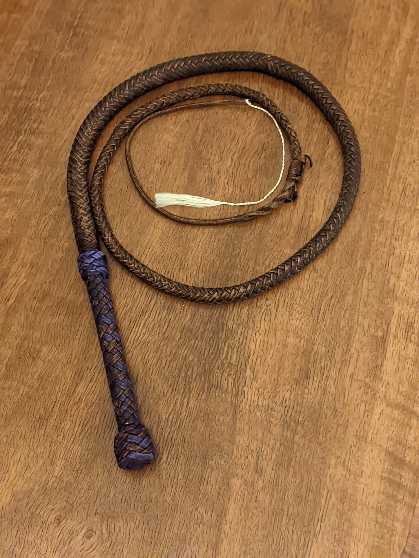4' mini bull whip in brown and acid purple.